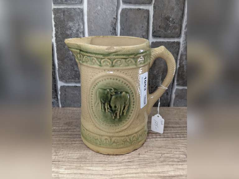ANTIQUE A. E. HULL POTTERY YELLOWWARE GRAZING COW PATTERN PITCHER image