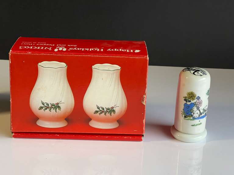 Garage…Nikko china “Happy Holidays” salt and pepper shakers, comes in original box, and more, see pictures for details. image