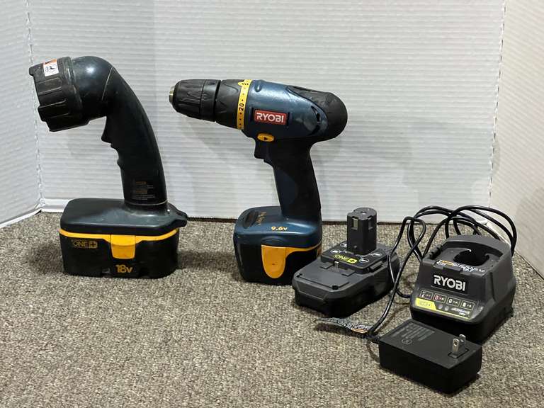 Ryobi 9.6 V cordless drill, One + 18 V battery, One + Ryobi 18 V charger, and more. Working condition unknown on these items, see pictures or details. image