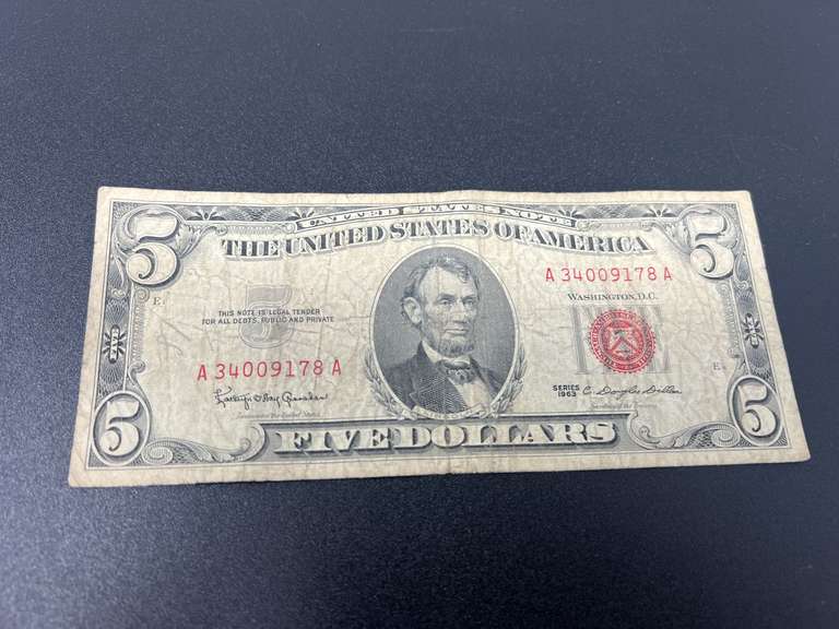 1963 series red seal five dollar bill, see pictures for details. image