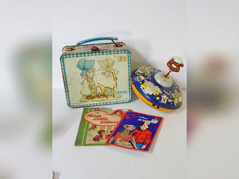 Vintage Holly Hobbie Lunchbox, Ohio Art Spinning Top, E.T. Necklace, and Three Little Kittens Book image