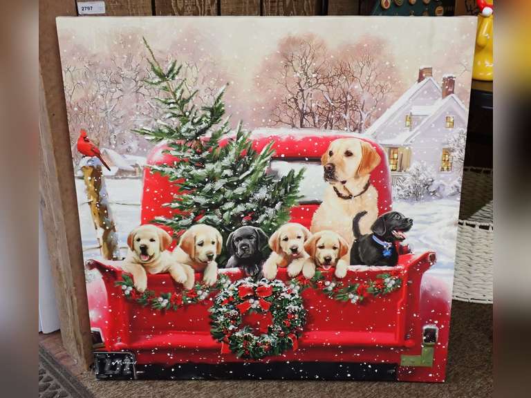 Dog and Red Truck Holiday Canvas Print image