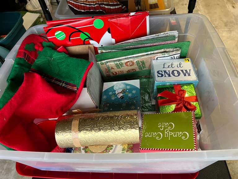 Garage… Tub of assorted Christmas decor, tub is included, see picture for details. image