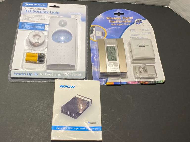 DR…Mpow charger, wireless digital thermometer, and motion activated LED security light. All come in original boxes, see pictures for details. image
