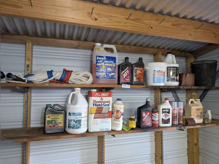 CONTENTS OF TWO SHELVES MARKED 9158 INCLUDING WATER SKI ROPE WITH PAIR OF HANDLES, AUTOMOTIVE CHEMICALS, SPRAY PAINT, AND MORE image