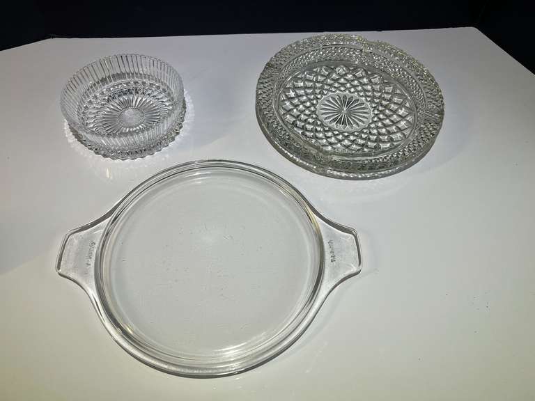 Garage… Vintage cut glass ashtray, believed to be vintage Anchor Hocking, glass refrigerator dish lid, and a crystal hostess bowl, believed to be vintage Fostoria for Avon, see pictures for details. image