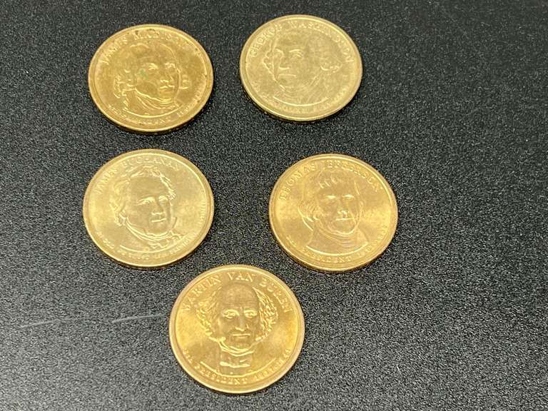 Collectible presidential one dollar coins, five pieces. These coins were launched by the mint in 2007, see pictures for details. image