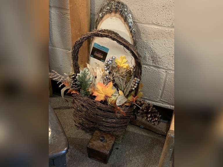 DECORATIVE TWIG WALL HANGING BASKET 22" LONG X 14" WIDE, 24" NEW WOOD OVAL & SMALL WOOD/CANE BOX 4" SQUARE X 4 3/4" TALL image