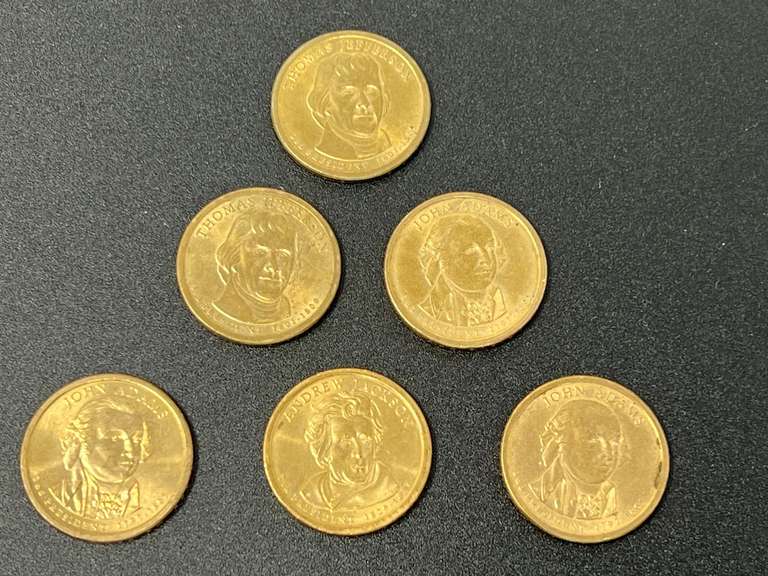 Collectible presidential one dollar coins, six pieces. These coins were launched by the mint in 2007, see pictures for details. image