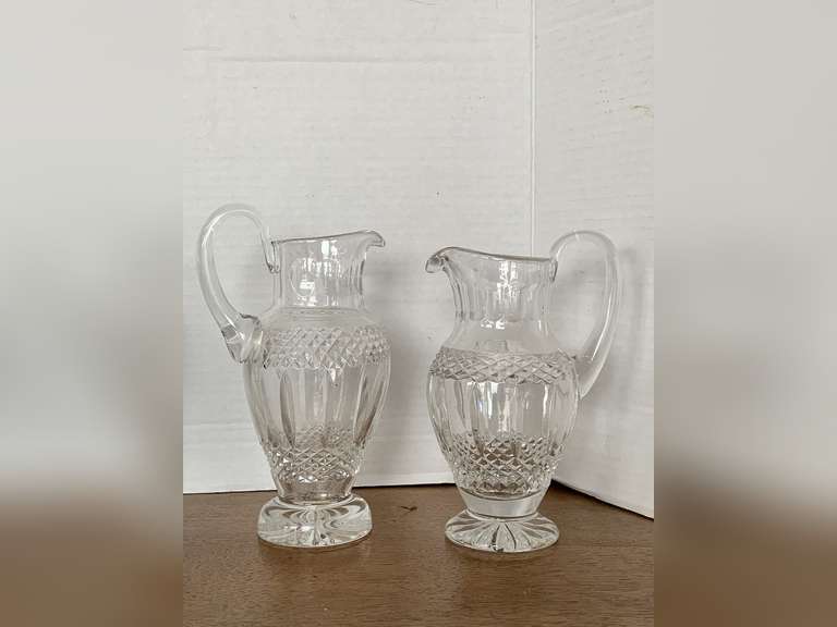 2 HEAVY LEAD CRYSTAL SMALL FOOTED PITCHERS 7 1/2" TALL, 7" TALL image