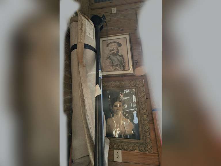 CONTENTS OF FRONT LEFT HAND CORNER FACING STREET INCLUDING OLD CAST IRON BELL WITH 9-FT POST, 8 FT X 10.5 FT AREA RUG, ANTIQUE FRAMED PORTRAIT, ART PRINCE, AND MORE image