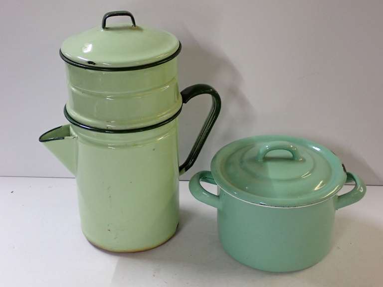 Green Enamelware Coffee Pot and Saucepan Set image