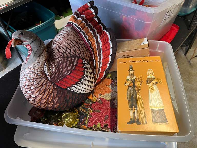 Garage… Tote content to include fall/Thanksgiving decor. Tote is included, see pictures for details. image
