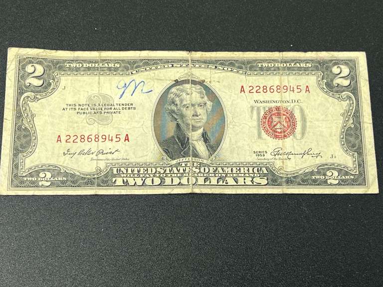 1953 series red seal two dollar bill, see pictures for details. image