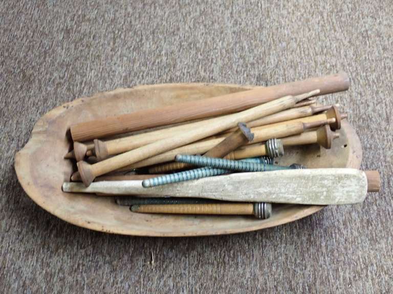 Vintage Wooden Bobbin and Spindle Lot in Large Dough Bowl image