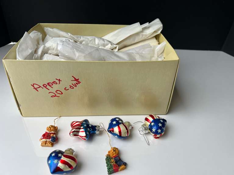 Garage… Patriotic glass Christmas ornaments, and more. Approximately 20 pieces, see pictures for details. image