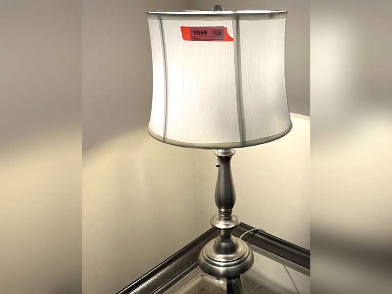 Metal side table lamp with brushed nickel finish, see pictures for details. image