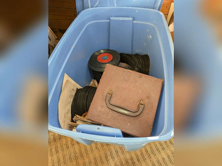 ALL VINTAGE 45 RPM RECORDS IN BLUE TUB AND CONTENTS OF TWO BOXES ON TOP image