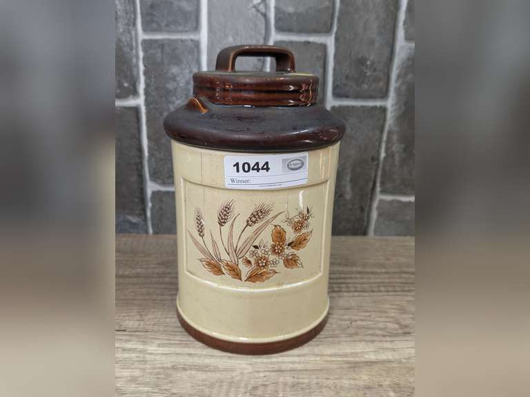 VINTAGE WHEAT DESIGN GLAZED POTTERY COOKIE JAR WITH LID image