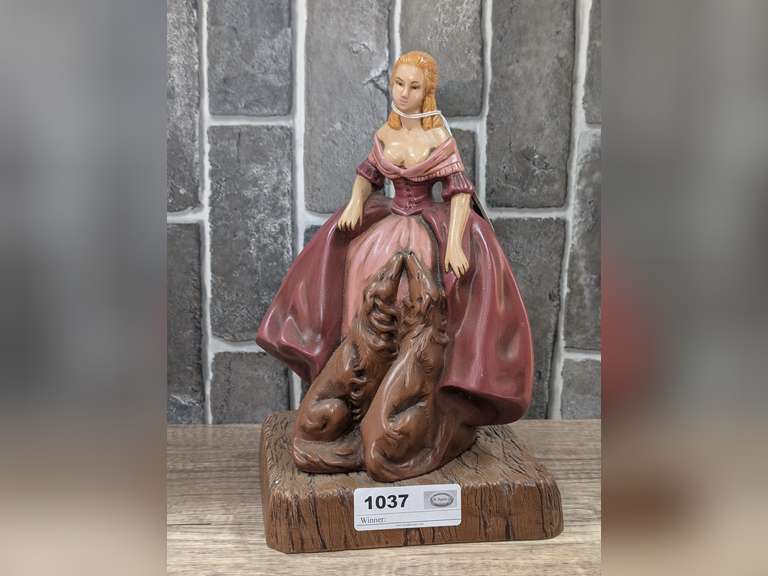VINTAGE HAND-PAINTED AND HAND SIGNED LARGE CERAMIC MUSICAL FIGURINE, VICTORIAN WOMAN AND DOGS image