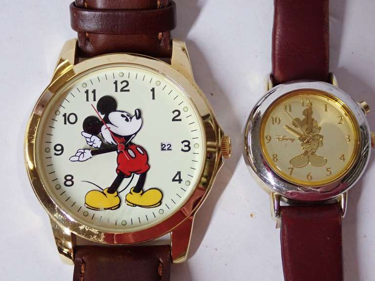 Two Disney Mickey Mouse Wristwatches with Leather Bands - One band needs repair. Both need batteries image