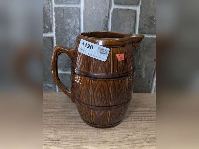 ANTIQUE MCCOY BARREL MOTIF GLAZED POTTERY CROCK PITCHER image
