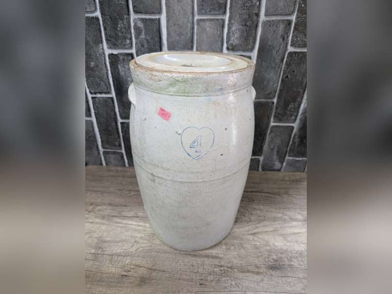 ANTIQUE POTTERY CROCK NUMBER 4 BUTTER CHURN WITH LID image