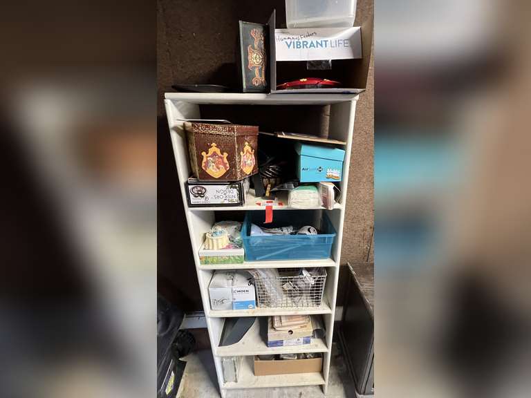 Garage… Six shelf shelving unit marked 2018, and all content of unit. Items include home decor, flashing, door hardware, and more. See pictures for details. image