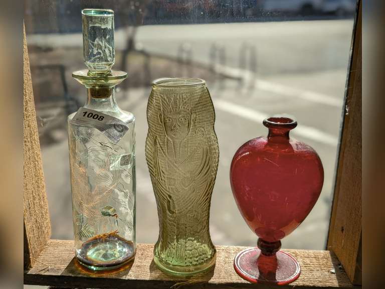 VINTAGE GLASS AND DECANTER IN SHELF AREA MARKED 1008 image