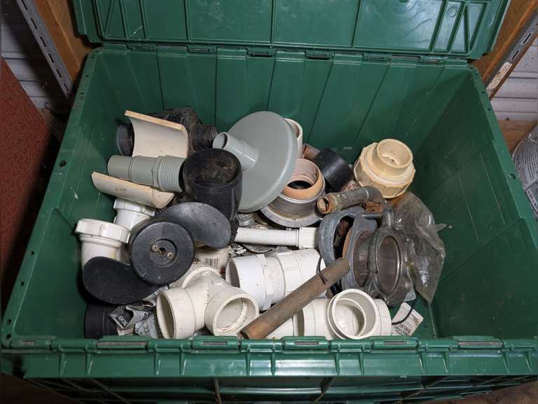 FLIP TOP STORAGE BIN AND CONTENTS INCLUDING TROLLING MOTOR PROPELLER, PLUMBING PARTS, AND MORE image