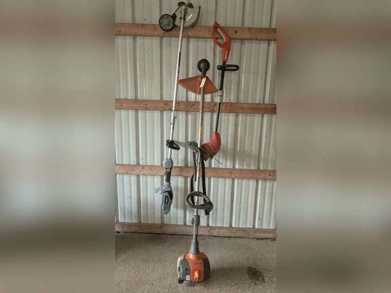 HUSQVARNA GAS POWERED TRIMMER, HOMELITE CORDED ELECTRIC TRIMMER, AND EGO 56 VOLT LITHIUM CORDLESS EDGER image