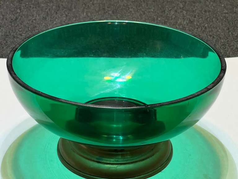 Vintage art deco green glass centerpiece bowl with brass pedestal base, believed to be Paden City Emerald Glo, see pictures for details. image
