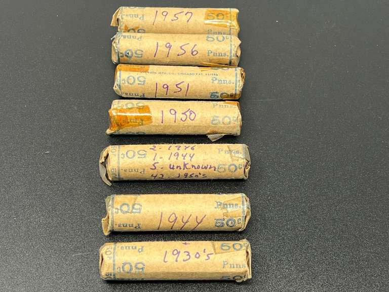 Rolled wheat pennies, assorted dates, seven rolls, these were rolled and dated by the seller, see pictures for details. image