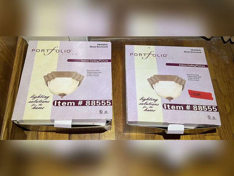 Master… Indoor ceiling fixtures, set of two, has rustic brown finish and an alabaster glass shade, see pictures for details. image