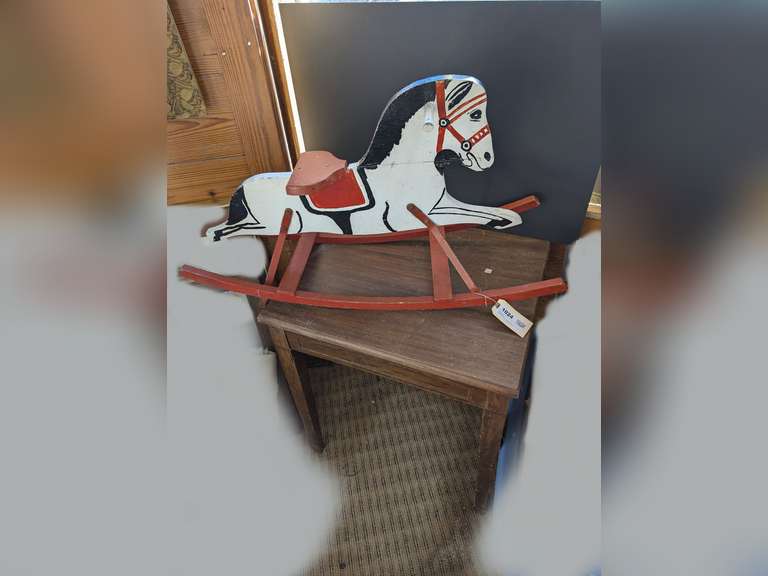 OLD HANDMADE ROCKING HORSE AND VINTAGE END TABLE image