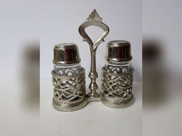 Silver Tone Salt and Pepper Shaker Set with Stand image