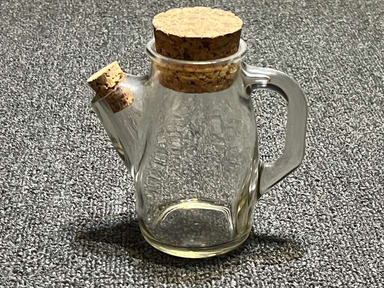 Vintage snub nose glass pitcher with cork stoppers, believed to be vintage Wheaton glass, see pictures for details. image