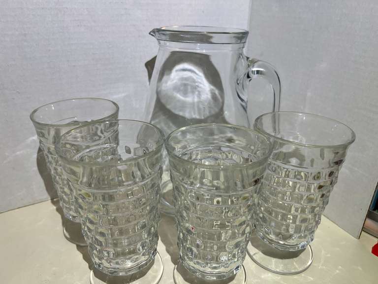 Italian clear glass pitcher with four vintage footed iced tea glasses, believed to be vintage Indiana glass, Whitehall pattern, five pieces total, see pictures for details. image