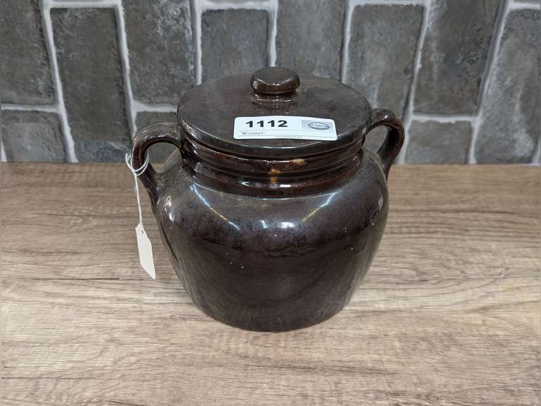 OLD GLAZED POTTERY CROCK BEAN POT WITH LID image