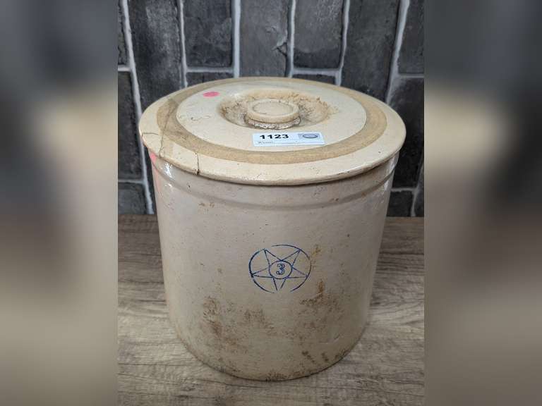 ANTIQUE STAR STONEWARE COMPANY GLAZED POTTERY CROCK 3 GALLON JAR WITH LID image