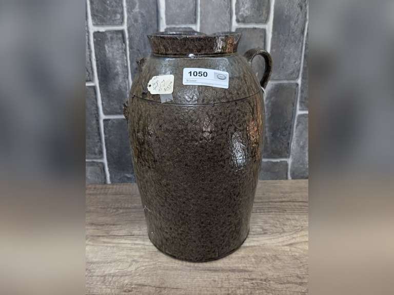 OLD GLAZED POTTERY CROCK CHURN image