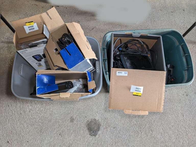 TWO STORAGE TUBS FILLED WITH FISH FINDERS AND ASSOCIATED ACCESSORIES INCLUDING LOWRANCE, EAGLE, AND GARMIN image