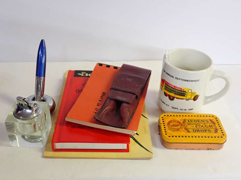 Vintage Collectibles Lot: Coca-Cola Mug, Cookbooks, Luden's Tin, Pen Set, and More image