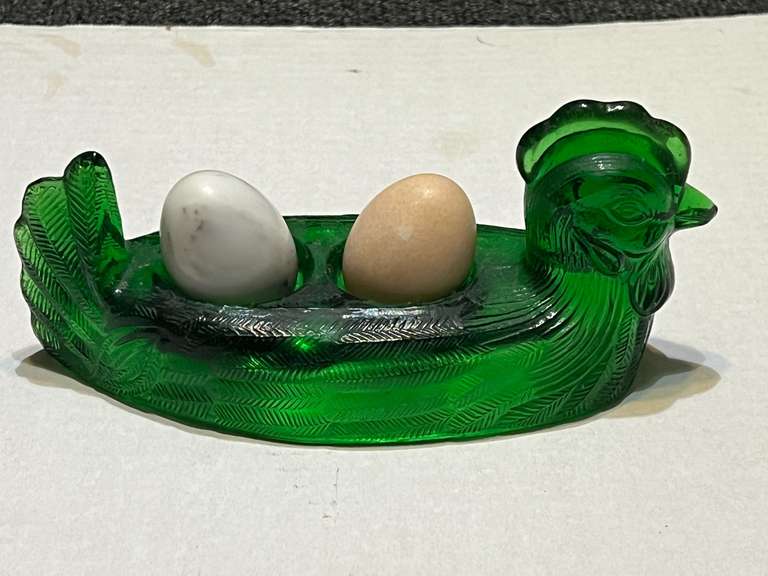 Vintage green glass nesting hen with marble eggs, originally believed to be for salt and pepper shakers, see pictures for details. image