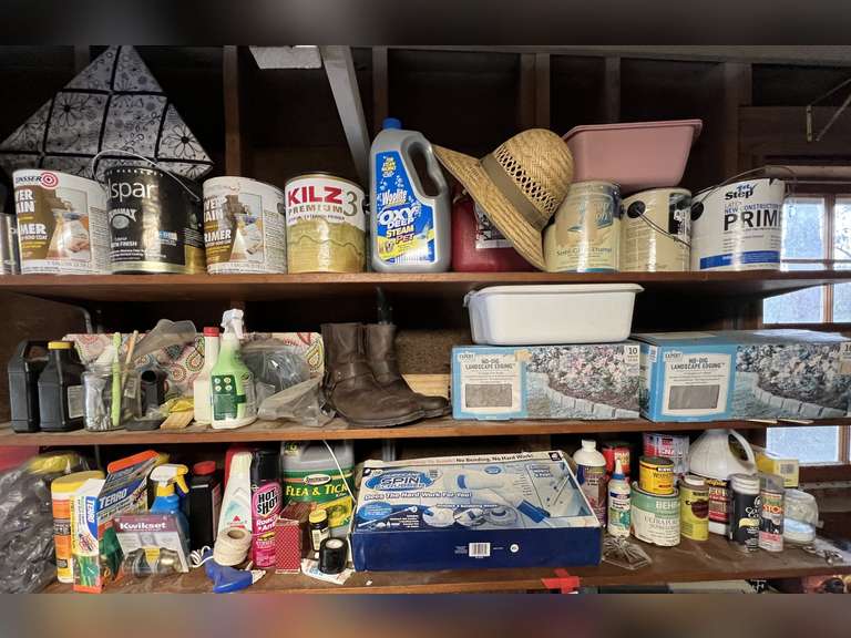 Garage… Shelf lot marked 2079, includes all content of shelves as well as shelf directly below window. Items include assorted household items/supplies and more. See pictures for details.. image