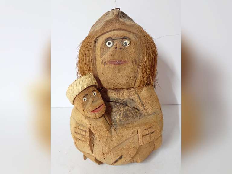 Hand Carved Coconut Monkey Mother with Baby image