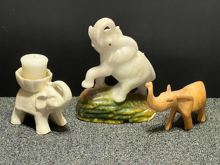 Custom carved wooden elephant, elephant candle, and ceramic elephant. See pictures for details. image