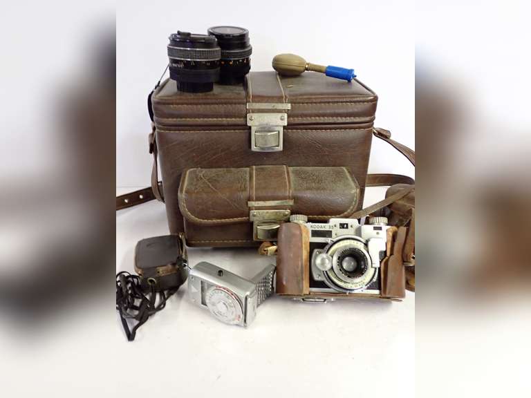 Kodak 35 Camera with Lenses, Sekonic Light Meter, and Leather Case image