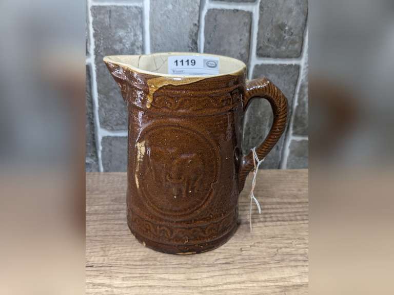 ANTIQUE COW MOTIF GLAZED POTTERY CROCK PITCHER image