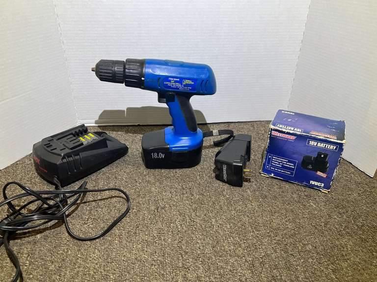 Drillmaster 3/8” cordless drill with battery, working condition unknown, includes mismatched chargers and extra battery, see pictures for details. image
